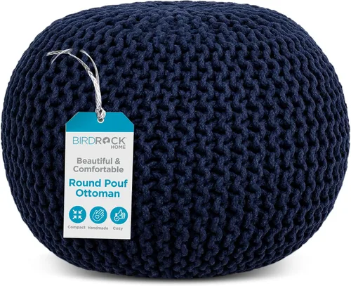Miniatura 12 de BIRDROCK HOME Puf redondo otomano Taburete de pie trenzado de algodón con relleno de bolsa de frijoles Reposapiés bohemio para sala de estar