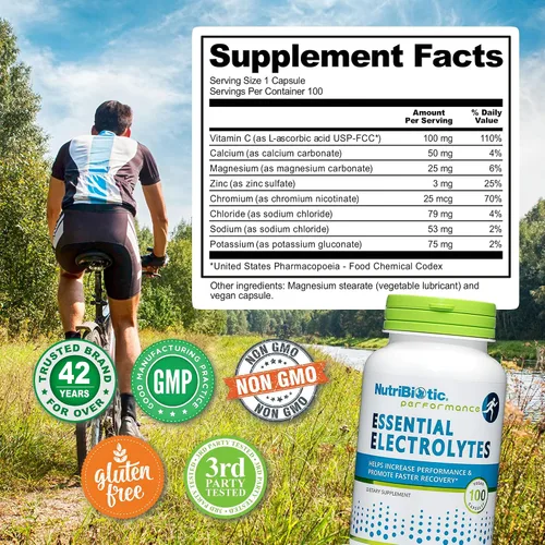 Miniatura 5 de NutriBiotic Electrolitos esenciales, cápsulas de 100 unidades Apoya un mayor rendimiento y una recuperación más rápida Vitamina C de grado