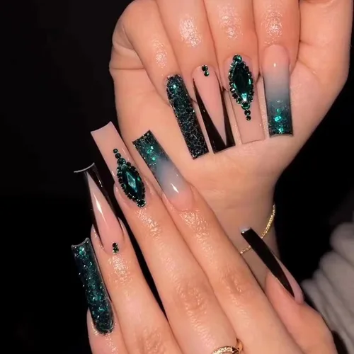 MISUD Uñas postizas a presión – Uñas postizas largas con punta francesa negra, diseño de diamantes de imitación verde acrílico, 24 piezas 01702verde
