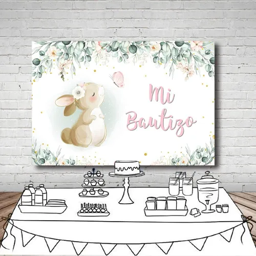 Miniatura 4 de MEHOFOND Telón de fondo de bautismo Mi Bautizo de 7 x 5 pies, Dios bendiga la primera comunión, conejito de bautizo, acuarela, rosa, floral, recién