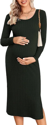 Ekouaer Maternity Dress Rib Knit Long Sleeve Side Slit Bodycon Dresses Pregnancy Baby Shower Clothes S-XXL