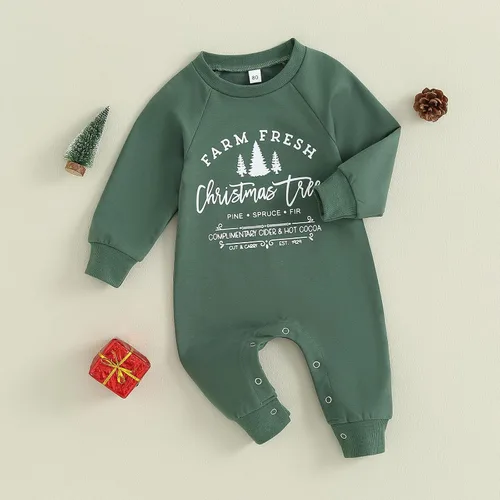 Miniatura 2 de BULINGNA Mameluco de Navidad para bebés, niños y niñas, diseño de árbol de Navidad, estampado de letras para otoño e invierno