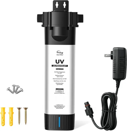 iSpring UVF20 - Sistema de filtro de agua LED UV para toda la casa, hasta 11 años de larga duración LED UV purificador de agua con control de flujo