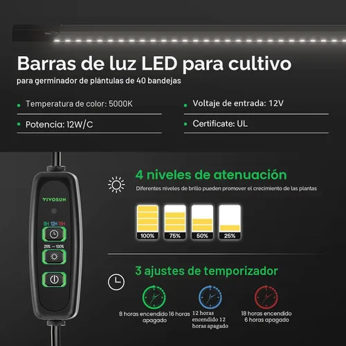 Miniatura 3 de VIVOSUN 1 paquete de bandejas iniciadoras de semillas de 40 celdas con 1 juego de luces LED y alfombrilla térmica para plántulas de 10"x20.75