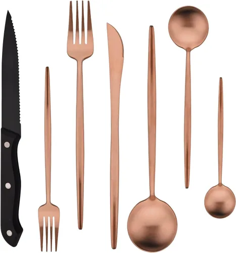 Miniatura 9 de Juego de cubiertos de 28 piezas con cuchillos para carne, cubiertos de acero inoxidable 18/8, juego de cubiertos modernos para 4 tenedores