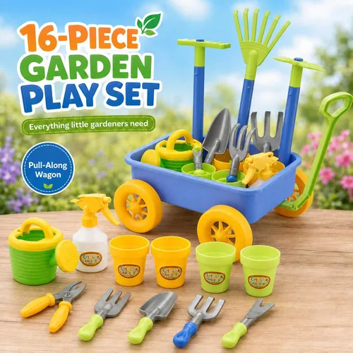 Miniatura 7 de Jardín Wagon & Herramientas juguete Juego Para Niños Con 8 herramientas de jardinería, 4 macetas, cubeta de agua y spray – ideal para playa & Sand