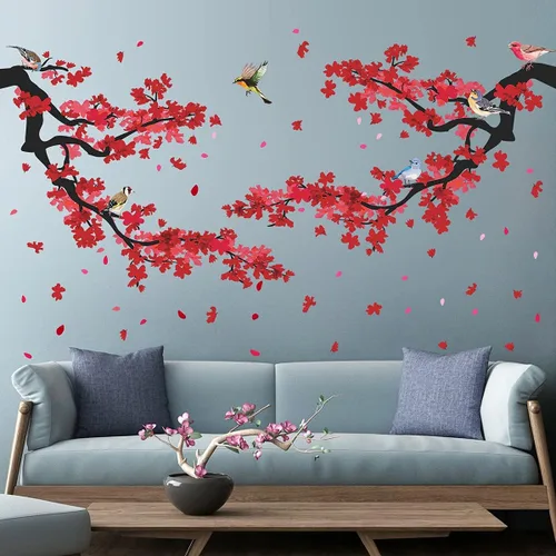 Adhesivo decorativo para pared de ramas de ciruelo rojo 3D, diseño creativo, pájaros, estilo pastoral, extraíble, despegar y pegar, para niños,