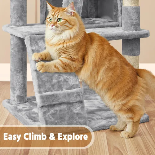 Miniatura 9 de Yaheetech - Torre de árbol para gatos de 62 pulgadas, mueble para mascotas con doble refugio, postes para rascar, múltiples plataformas y pelotas