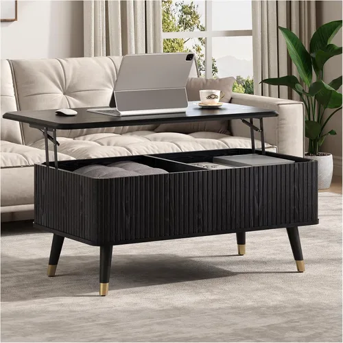Miniatura 22 de Mesa de centro elevable con almacenamiento, mesa de centro moderna de mediados de siglo con patas de madera maciza, mesa central minimalista Roble