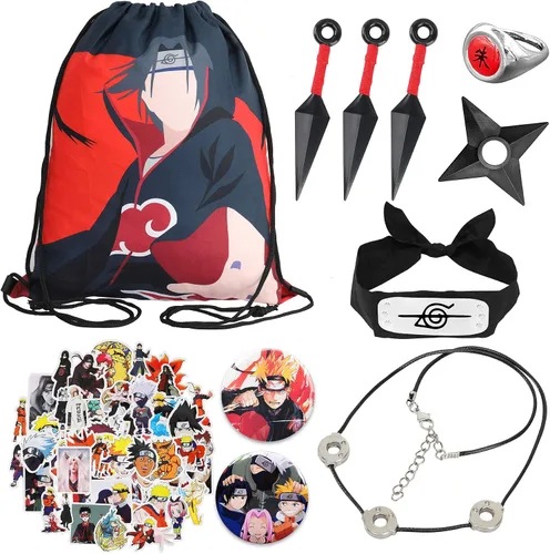 ANLNANGJP Juego de regalo de anime bolsa con cordón, diadema, anillo, kunai, collar, botones y pegatinas, Varios colores, Deporte