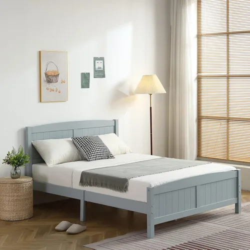 Karl home Base de cama de madera tamaño matrimonial con cabecero, plataforma para dormitorio con estribo, soporte de 12 listones de madera, no Gris