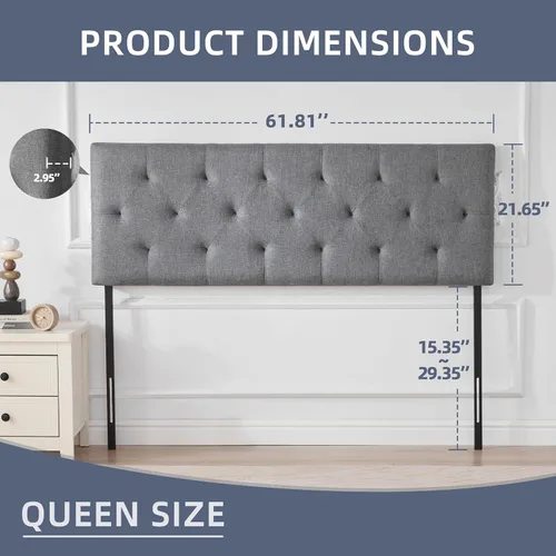 Miniatura 2 de Howjoe Cabecera Tapizada de Lino Tamaño Queen, Cabecero Queen Moderno de Madera Maciza con Capitoné de Diamante Solo, Altura Ajustable de 37" a 51