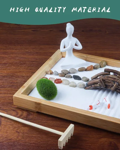 Miniatura 5 de Jardín zen japonés para escritorio, Life Flows de 12 x 8 pulgadas, mini jardín zen con arena blanca, rastrillos y accesorios de rocas de árbol