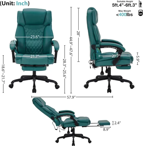 Miniatura 2 de Silla de oficina de masaje con reposapiés, 6 puntos de vibración y calor, sillas de escritorio de oficina en casa para personas pesadas de 400 Azul