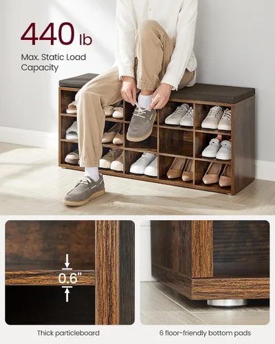 Miniatura 5 de VASAGLE - Colección CUSTOS - Banco para guardar zapatos, banco de almacenamiento con asiento acolchado, banco para recibidor con 15 compartimentos