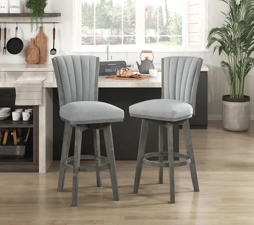 Juego de 2 sillas de comedor giratorias de altura de mostrador con estructura de madera maciza tapizada de tela copetuda para juegos de mesa de