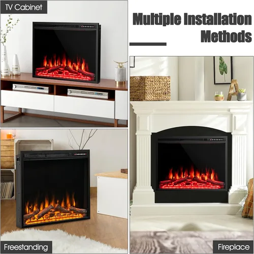 Miniatura 7 de COSTWAY Chimenea eléctrica de 34 pulgadas, calentador de chimenea empotrado y montado en la pared con 4 colores de llama y tronco, velocidad