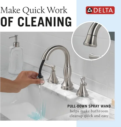 Miniatura 2 de Delta Faucet Cassidy - Grifo de baño extraíble, grifo de baño de instalación extendida de níquel cepillado de 3 orificios, grifo de lavabo de baño