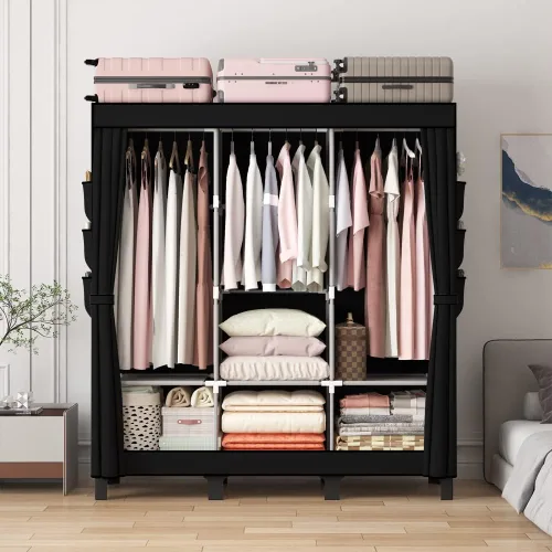 Miniatura 3 de Armario portátil, caja de almacenamiento de ropa, armario simple para colgar ropa, múltiples estantes y 3 barras, 6 bolsillos laterales (negro)