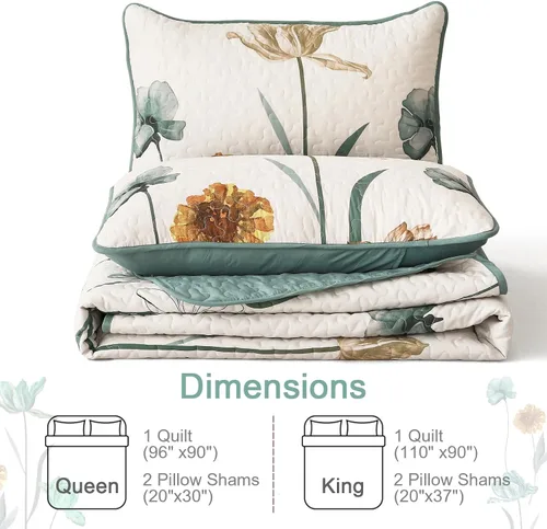 Miniatura 7 de WONGS BEDDING - Juego de edredón floral tamaño Queen, edredón botánico verde y amarillo con 2 fundas de almohada, juego de ropa de cama ligera