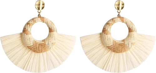 STWTR Pendientes de rafia grandes, ligeros, geométricos, con flecos, trenzados, bohemios, hechos a mano, paja, trenzados, de mimbre, para mujeres y