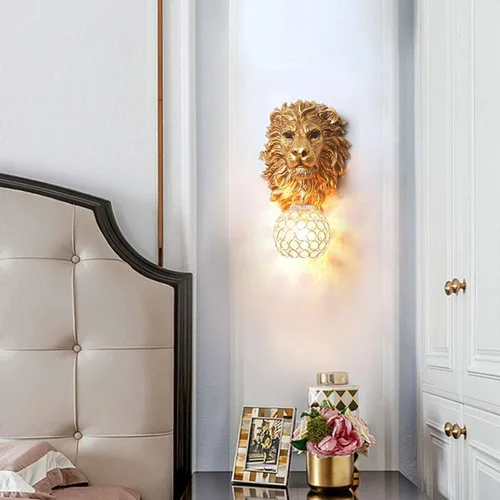 Miniatura 4 de Juego de 2 apliques de pared con cabeza de león dorados, lámpara de pared moderna de lujo con forma de globo de cristal, cabeza de animal de resina
