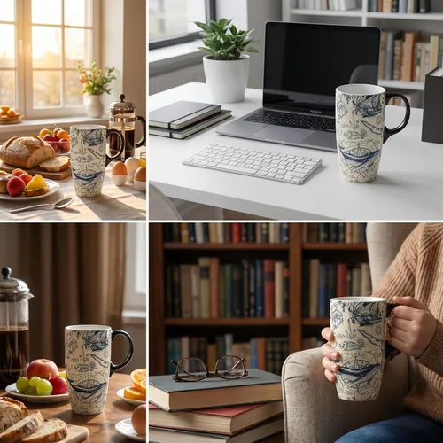Miniatura 7 de Taza de cerámica Topadorn de porcelana para café con leche y té con caja de regalo, 17oz. Taza de viaje con tapa, estilo de navegación vintage Azul