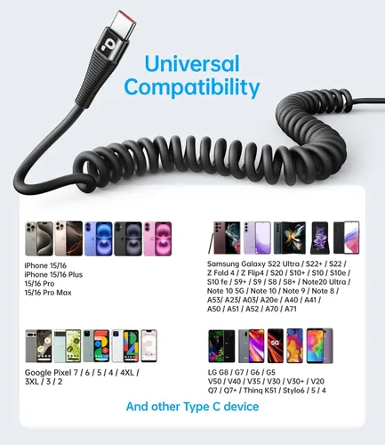 Miniatura 7 de Cable USB C de carga rápida, paquete de 2 cables de carga USB A a USB C en espiral de 3 pies para automóvil, cable de carga USB-C compatible