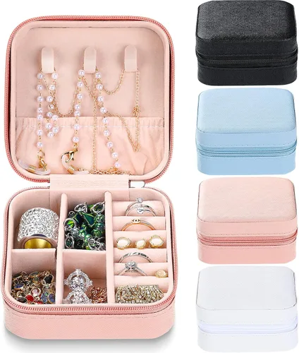 Hicarer 4 cajas pequeñas de joyería de viaje de piel sintética organizador de joyas portátil de viaje para anillos aretes collar para niñas y mujeres