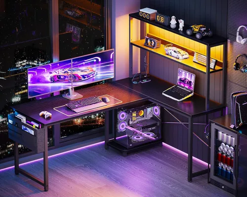 Miniatura 4 de ODK - Escritorio en forma de L de 53 pulgadas con iluminación LED, escritorio reversible para juegos con enchufes de alimentación, mesa de esquina