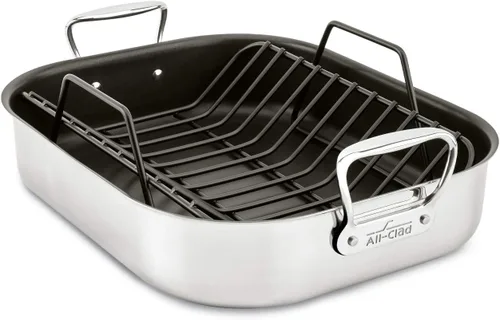 All-Clad Specialty - Asador grande de acero inoxidable con rejilla antiadherente de 13 x 16 pulgadas, apto para horno y asador hasta 500°F, bandeja