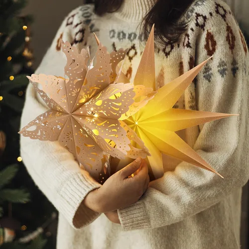 Miniatura 5 de Leinuosen Juego de 10 Faroles de Papel de Copo de Nieve de Navidad, Faroles de Estrella de Papel con 10 Luces LED, Lámpara de Estrella Colgante