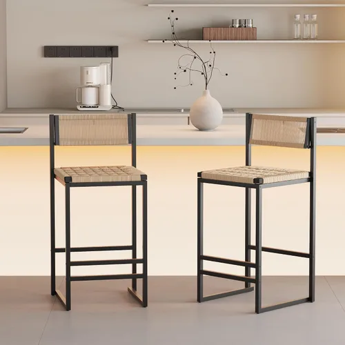 Miniatura 16 de Juego de 2 taburetes de bar modernos tapizados de piel sintética sin brazos con respaldo para bar en casa, comedor, isla de cocina, bistró, club
