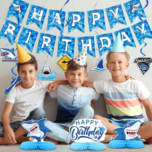 Miniatura 7 de Juego de 28 piezas de decoración de fiesta de cumpleaños de tiburón, incluye 12 espirales colgantes de feliz cumpleaños, 12 recortes colgantes, 3