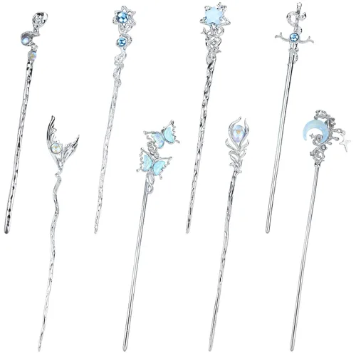 Miniatura 9 de inSowni 8 Piezas Palillos de Cabello Retro Vintage Asiáticos Chinos Tradicionales Hanfu de Metal Plateado con Colgantes de Cuentas de Perlas Flor