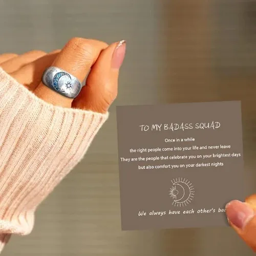 Miniatura 3 de UTOYA Anillo de escuadrón con texto en inglés "We Always Have Each Other's Back", anillo vintage de circón pavimentado con sol y luna para mujer