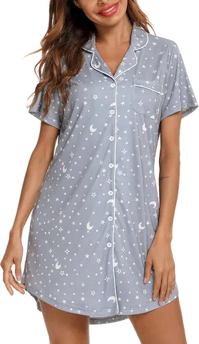 Miniatura 82 de Samring Camisón de pijama para mujer, manga corta/larga, con botones, camisón para dormir, camisón para novio, talla XXL