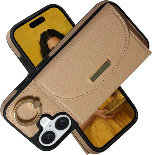Miniatura 14 de Funda tipo cartera para iPhone 15 Pro de 6.1'', funda plegable con ranuras para tarjetas, soporte con anillo y atril, cubierta protectora tipo folio