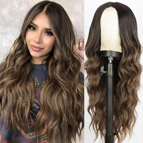 Miniatura 9 de AISI QUEENS Pelucas largas para mujer, onduladas, ombré, raya en medio, color marrón ceniza y rubio decolorado, pelucas rizadas de aspecto natural