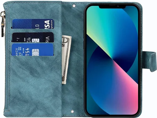 Miniatura 6 de Funda para iPhone 13/14 con tarjetero para mujeres y hombres, con soporte para iPhone 14 con correa de hombro, funda de piel con cremallera y Cordón