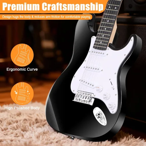 Miniatura 5 de Guitarra eléctrica negra de tamaño completo de 39 pulgadas con amplificador de 10W, paquete de funda para conciertos, correa y púas para Negro