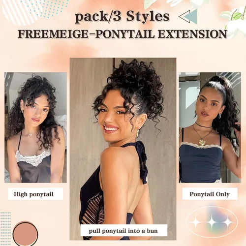 Miniatura 4 de FREEMEIGE Extensión de Cola de Caballo Rizada con Cordón de 20 Pulgadas, Extensiones de Cabello Ondulado con Cordón, Extensiones de Cola de Caballo