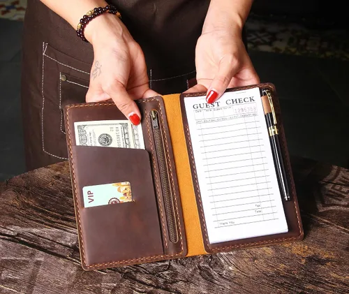 Miniatura 6 de Organizador de libreta de servidor con bolsillo con cremallera, presentadores de cuentas de huéspedes de restaurante de cuero genuino, portador