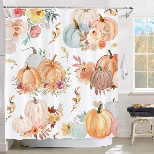 Miniatura 9 de GOOESING Cortinas de ducha de calabaza a cuadros otoñales, calabazas de otoño, hojas de arce, cortina de baño impermeable para baño, juego