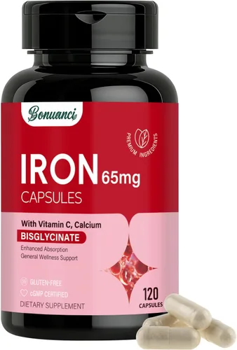 Miniatura 9 de Suplemento de hierro – Hierro de 65 mg de bisglicinato de hierro de alta absorción con vitamina C, calcio, pastillas de hierro suaves para mujeres