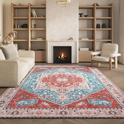 Miniatura 8 de SAFAVIEH Tucson Collection - Alfombra lavable de 2 pies 6 x 8 pies, color aguamarina y al óxido, antideslizante, ideal para zonas de alto tráfico