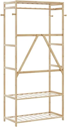 Miniatura 5 de Bamboo Clothes Rack, Heavy Duty Garment Rack with 3 Shelves and Hooks, Freestanding Closet Organizer for Bedroom, Hallway, Entryway, 31.5 x 15.7 x