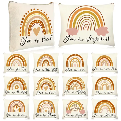 Miniatura 8 de Kajaia 12 bolsas de maquillaje bohemias a granel arco iris, sol, luz de luna, bolsa de cosméticos de lona, bonitas bolsas grandes con cremallera