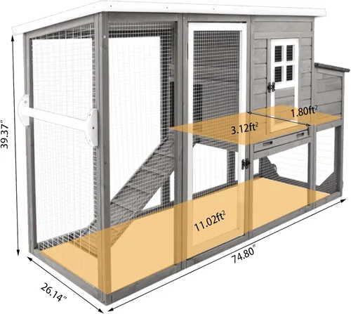 Miniatura 2 de Gowoodhut Gallinero de madera maciza con jaula grande de 2 pisos, techo de asfalto, caja nido, ruedas de PU, perca de pollo con poste Techo