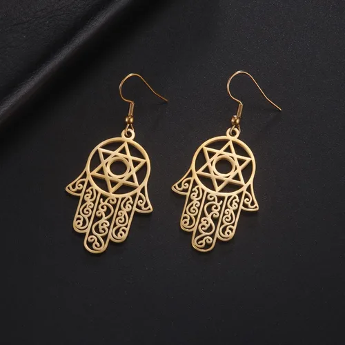 Miniatura 4 de Hamsa - Aretes hexagonales de mano de Fátima con estrella de David contra el mal de ojo, nudo celta judío, protección para mujer, amuleto